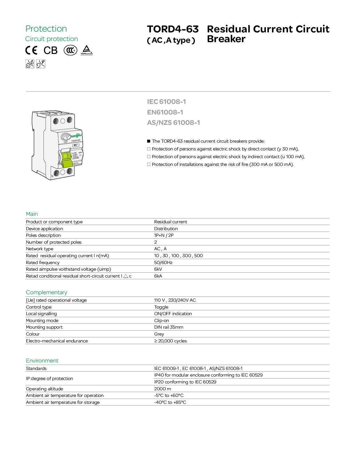 RCD RCCB tipo B dispersione di terra interruttore differenziale Evse 2P 4P  AC 40a 63a 30ma 100ma 300ma 10KA guida Din 230V TONGOU